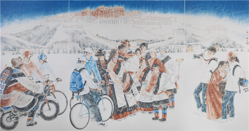 《幸福西藏》-潘缨、崔亚鲁、王旭冉、王元中国画 2019年 375×190cm.jpg